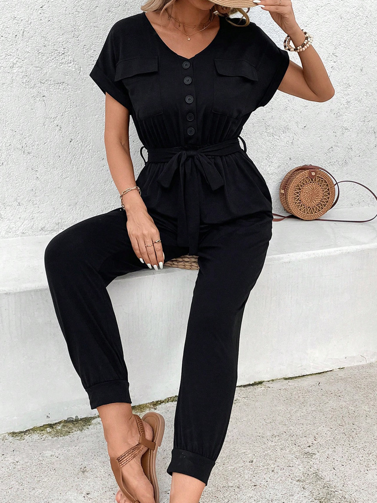 jumpsuit lace up short sleeve black