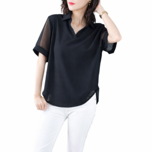 chiffon shirt black short sleeve v neck bottoming top