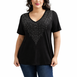 fashion slim fit casual comfortable versatile black v neck diamond encrusted t shirt