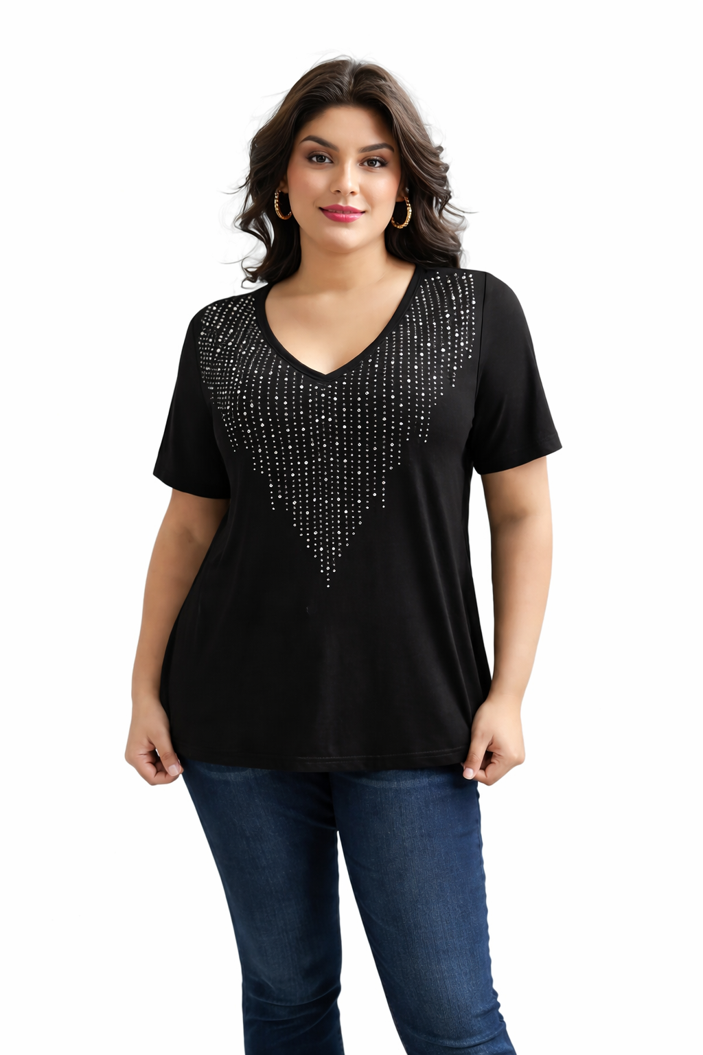 fashion slim fit casual comfortable versatile black v neck diamond encrusted t shirt