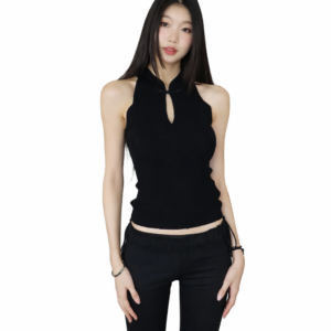 stand collar retro buckle black knitted vest women's short sleeveless top