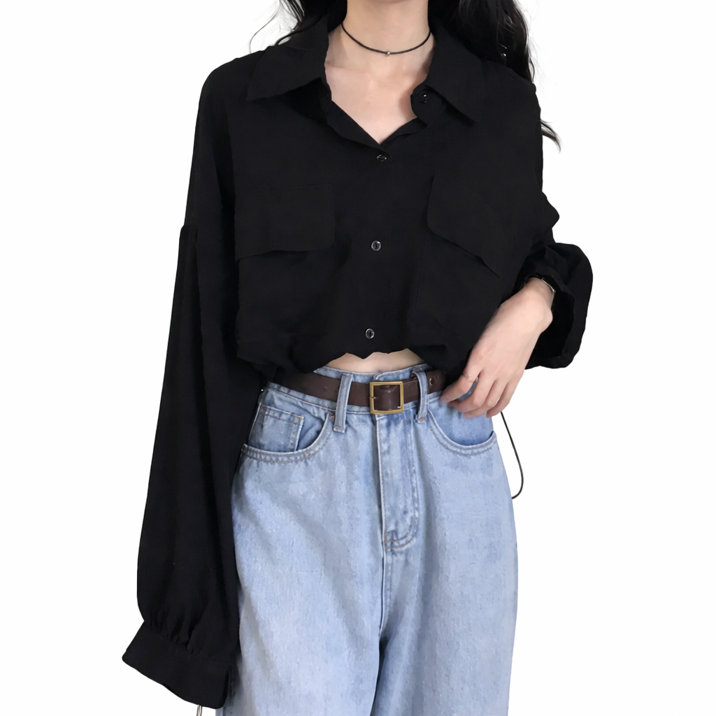 women's new black long sleeve shirt short outer wear