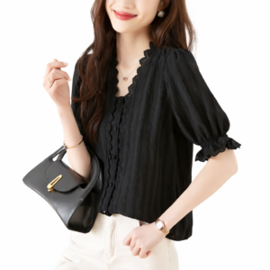 vintage lace v neck short sleeve top black