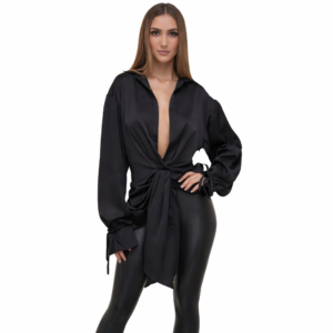 ladies long lapel shirt black fashion long puff sleeve top