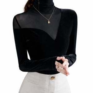 black long sleeved velvet top autumn and winter new inner wear bottoming shirt mesh stitching western style