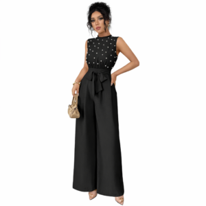 black polka dot sleeveless wide leg jumpsuit with round neck
