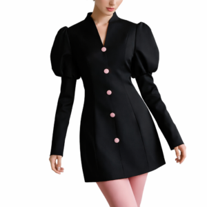 hepburn style fashion women's black stand up collar waist cinching puff sleeve suit dress autumn elegant dress