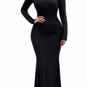 black rhinestone embellished maxi dress with long sleeves and mermaid silhouette