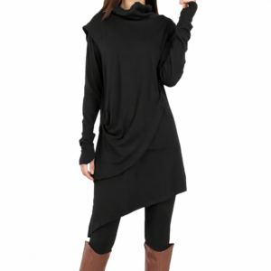black high collar irregular fake two piece long sleeved dress