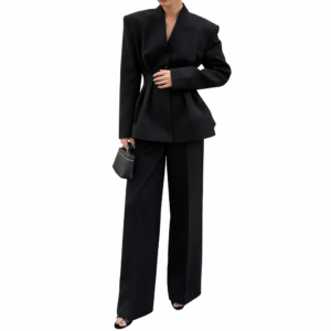 black long sleeve v neck pleated waist tight suit jacket trousers two piece set
