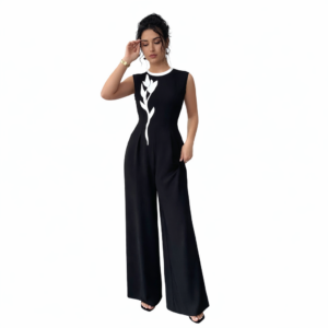 elegant embroidered black crew neck sleeveless wide leg jumpsuit
